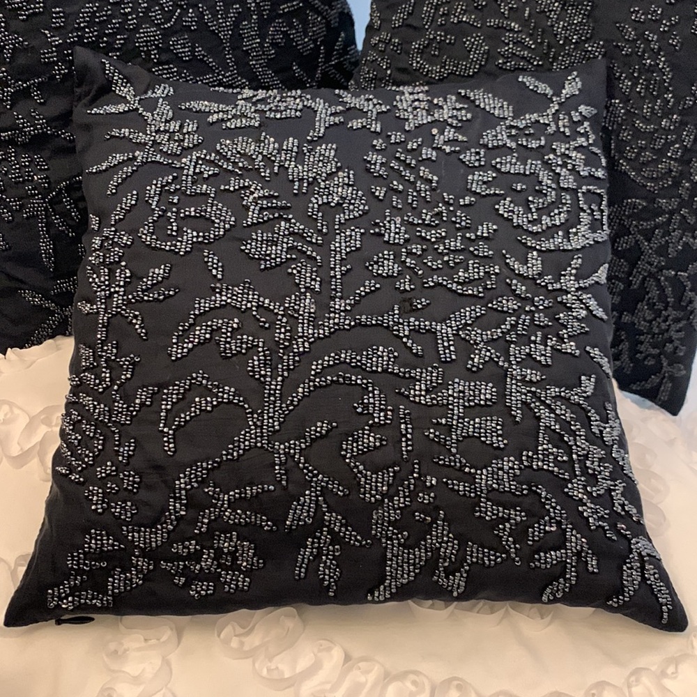 Ralph Lauren 3 SILK Square Beaded Slip Covers with Pillows Deep Midnight Blue
